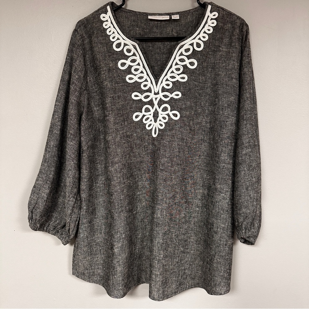 SUSAN GRAVER PURE LINEN BLEND 3/4-SLEEVED PULLOVER TOP, CURVED HEM, L, EUC! - Picture 1 of 9